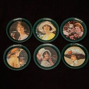 Vintage 80s Coca Cola Victorian Ladies Tin Coasters Set of 6